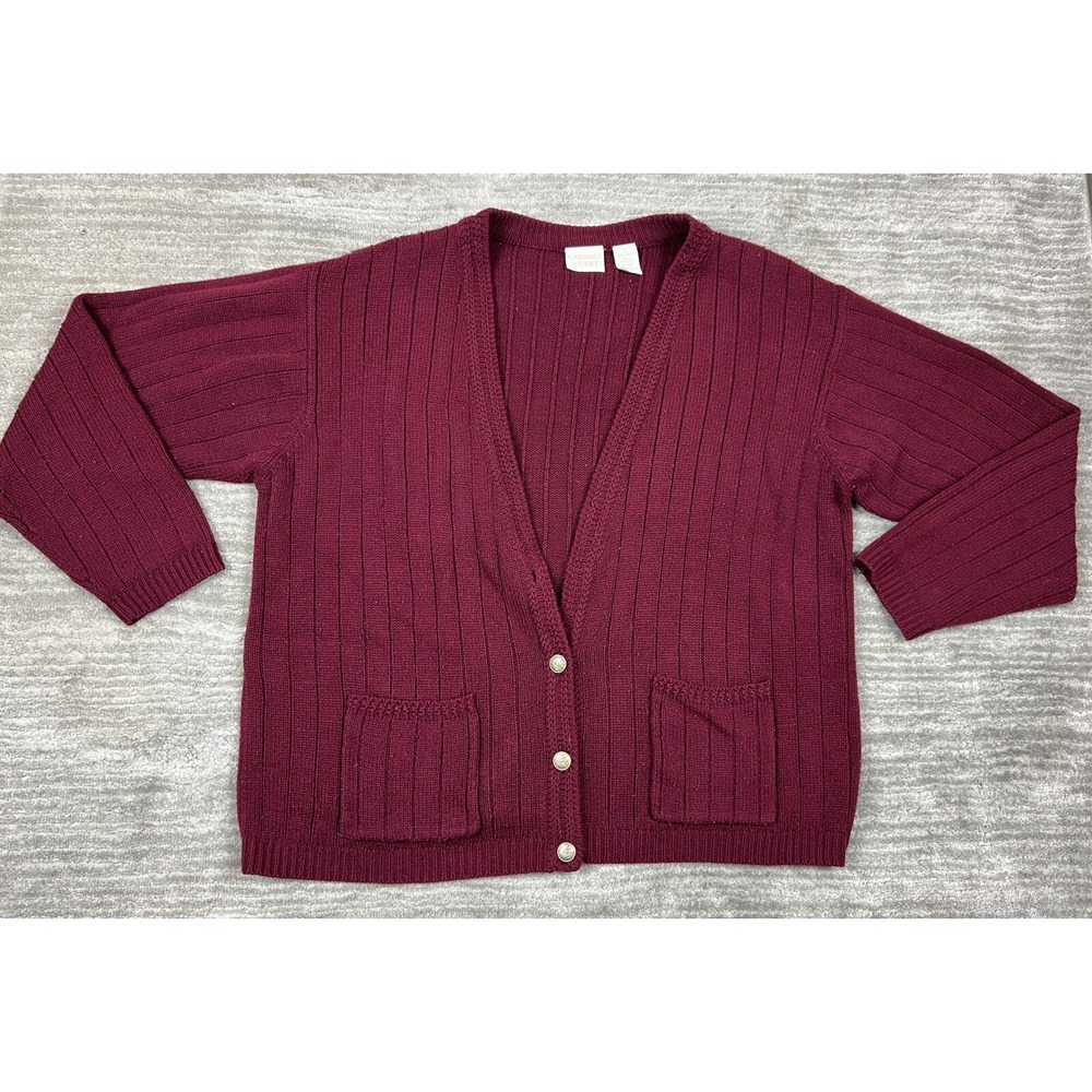 Carriage Court Cardigan Womens L Burgundy Ribbed V-Neck Button Crest Pockets
